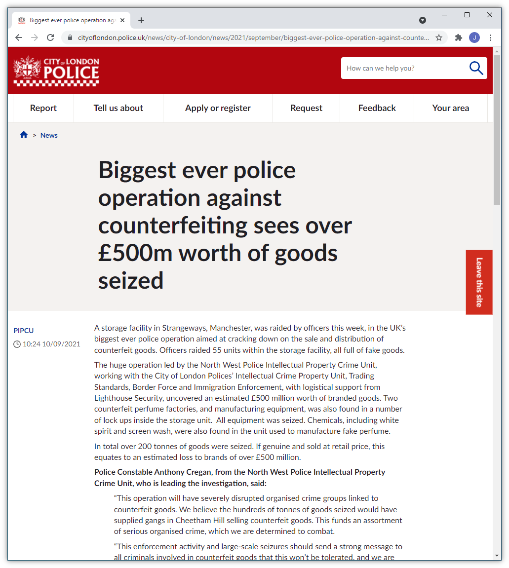 Link to an article on the City of London Police website about the Biggest ever police operation against counterfeit goods.